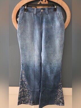 Women’s Blue Embroidered Flared Look Pull On Pant. Not Jeans. Temu Item.